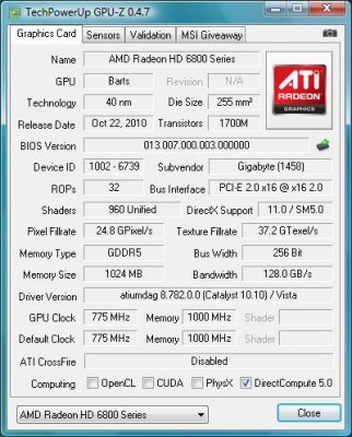  Radeon HD6850 1GB, 256bit, DDR5 (GV-R685D5-1GD)