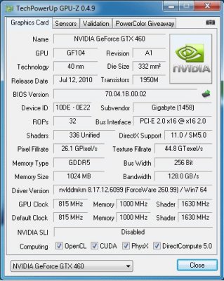 GeForce GTX460 1GB, 256bit, DDR5 (GV-N460SO-1GI)