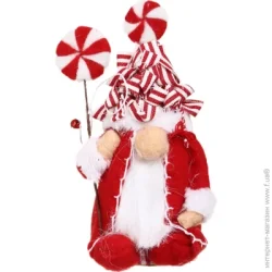 Фігурка під ялинку Декорація новорічна гномик із цукеркою біло-червоний 15х23 см