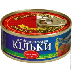 Рибна консерва РИЗЬКЕ ЗОЛОТО Кілька Обжарена В Томатному Соусі 240г Ео (4820062446563)