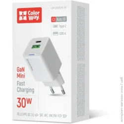 Зарядное устройство Colorway Сетевой зарядн. усл. GaN Mini 30W PD Port PPS USB (Type-C PD +  USB QC4.0) белое (CW-CHS053PD-WT)