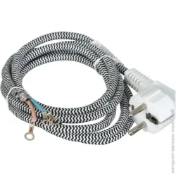 Вилка Electraline Шнур сетевой с вилкой для утюга в тканевой оплетке 2м. с заземлением 220В 16А белый