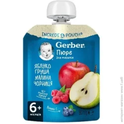 Пюре фруктово-ягодное Gerber с 6 месяцев Яблоко-груша-малина-черника 90 г (7613036345484)