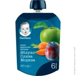 Пюре фруктове Gerber з 6 місяців Яблуко-слива-морква 90 г (7613036345903)