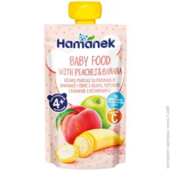 Пюре фруктове Hamanek з 4 місяців Яблуко-персик-банан 120 г (8595139783945)