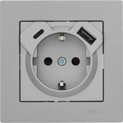 Розетка с заземлением (евророзетка) Lezard Розетка побутова +  USB с заземлением Vesna серый 742-3588-181TC
