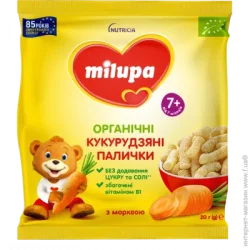Снеки Milupa Органічні кукурудзяні палички з морквою, для дітей від 7 міс., 20г (4820226169345)