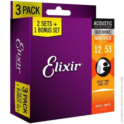       Elixir 3 Pack 16539 Nanoweb 80/20 Bronze Light Acoustic Guitar Strings 12/53