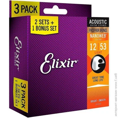       Elixir 3 Pack 16545 Phosphor Bronze Light Acoustic Guitar Strings 12/53