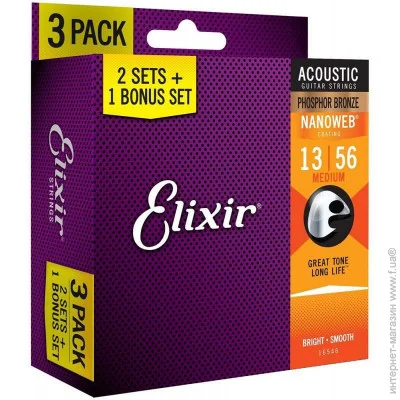      Elixir 3 Pack 16546 Nanoweb Phosphor Bronze Medium Acoustic Guitar Strings
