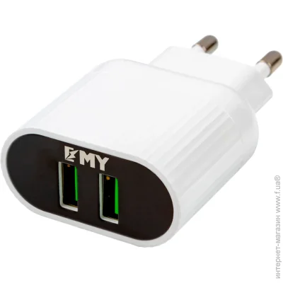   EMY  2  1  With Iphone Cable 110-240V MY-220, 2 x USB, 5V/12W, Output: 5V/2.4A, White, Blister-box