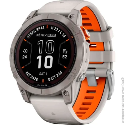 - Garmin Fenix 7X Pro Sapphire Solar Titanium w. Fog Gray/Ember O. Band (010-02778-14/15) (Global)