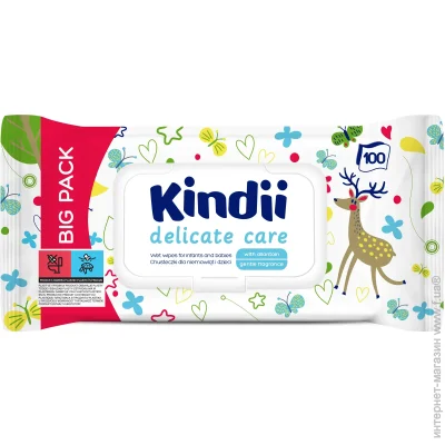 Kindii Дитячі вологі серветки Delicate Care для немовлят та дітей з клапаном 100 шт. Kindii Дитячі вологі серветки Delicate Care для немовлят та дітей з клапаном 100 шт.
