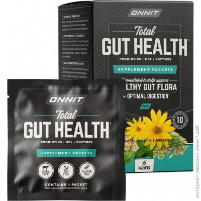 Спеціальна добавка Onnit Повноцінні пробіотики та добавки із травними ферментами Total Gut Health 15 пакетів Спеціальна добавка Onnit Повноцінні пробіотики та добавки із травними ферментами Total Gut Health 15 пакетів