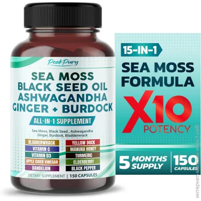   Peakpury   - Sea Moss Black Seed Ashwagandha Ginger Burdock 150 