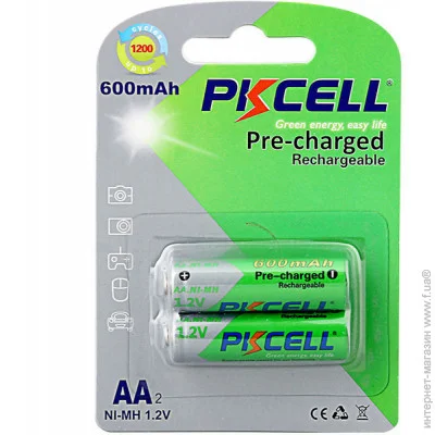 AA 600mAh, 1.2V Ni-MH, RTU rechargeable battery, PKCELL, 2pcs/card (AA600-2B)