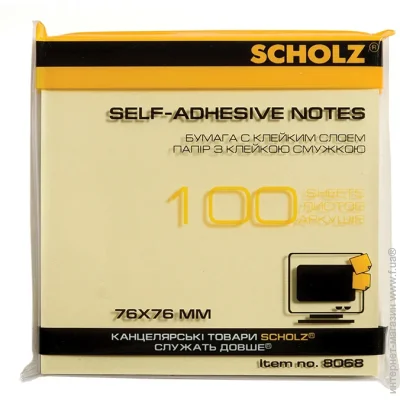 Папір для нотаток Scholz Блоки паперові самоклеючі 76х76 мм 100 аркушів Жовті 8068 Папір для нотаток Scholz Блоки паперові самоклеючі 76х76 мм 100 аркушів Жовті 8068