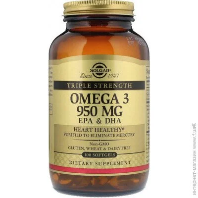   Solgar Omega-3, EPA & DHA, Triple Strength 950 mg 100 Softgels (000004841)