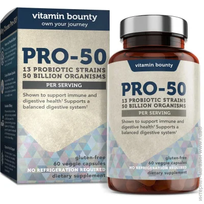 Специальная добавка Vitamin Bounty Самые эффективные пробиотики с пребиотиками Pro-50 60 капсул Специальная добавка Vitamin Bounty Самые эффективные пробиотики с пребиотиками Pro-50 60 капсул