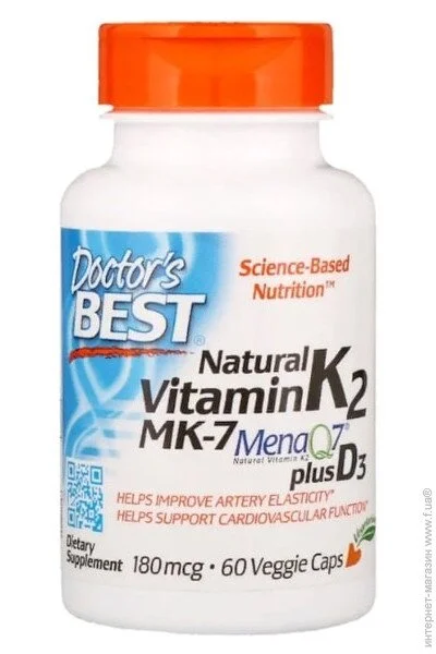  Doctor`S Best Natural Vitamin K2 MK-7 with MenaQ7 plus Vitamin D3 180 mcg 60 Veg Caps DRB-00404 (000001132)