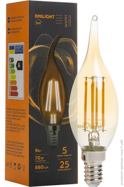 Emilight   Gold CA35 9  E14 3000  220   Filament C35-9W-3000K-E14-TG 