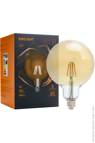   Emilight   Gold G125 6  E27 3000  220   Filament G125-6W-3000K-E27-G 