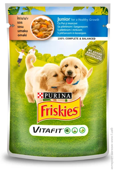 Вологий корм Friskies для всіх порід Junior з куркою та морквою (шматочки в соусі) 100 г Вологий корм Friskies для всіх порід Junior з куркою та морквою (шматочки в соусі) 100 г