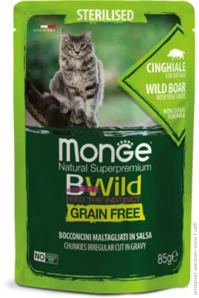 Вологий корм для кішок Monge Cat Bwild GR.FREE Wet Sterilised дикого кабана з овочами 85 г (8009470012805) Вологий корм для кішок Monge Cat Bwild GR.FREE Wet Sterilised дикого кабана з овочами 85 г (8009470012805)