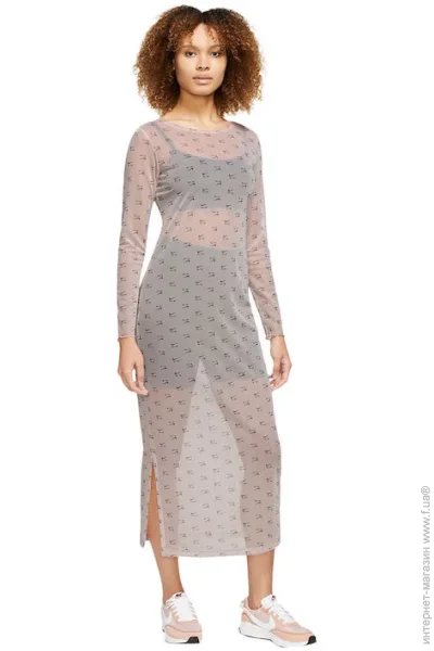 Nike Summer Evening Long Sleeve Midi Dress Gray Print (DV8249-292-L)