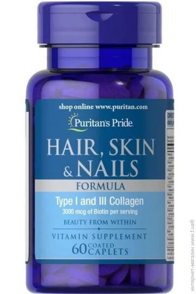 Puritan's Pride  Hair Skin and Nails Formula Type 1 and 3 Collagen 60 caps (1086-100-47-0670302-20)