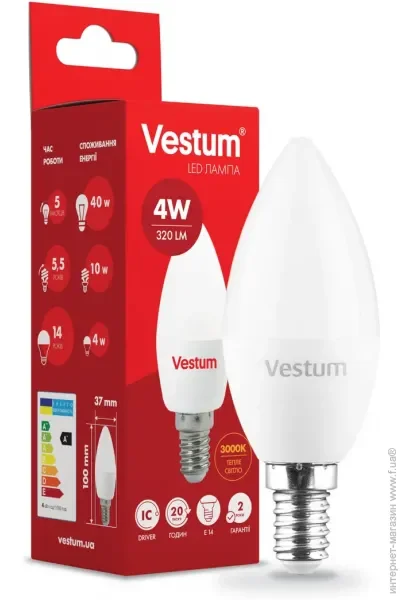  Vestum  LED C37 4W 3000K 220V E14 (1-VS-1308)