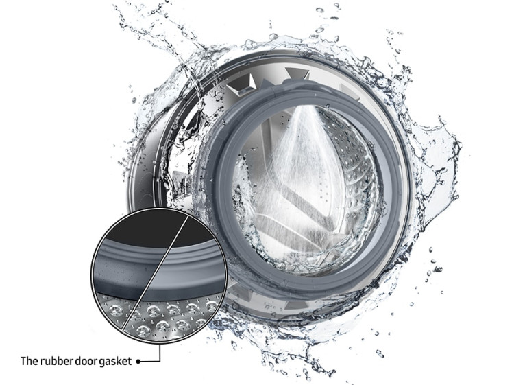 The washer drum is surrounded by clean water and water jets are cleaning the inside. Close-up of the rubber door gasket comparing contaminated and clean conditions.