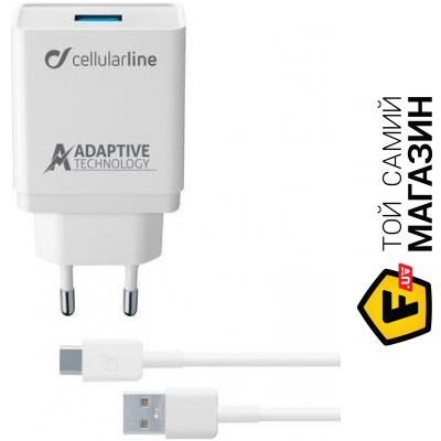 

Зарядка Cellularline USB Adaptive Fast Charger 3A + cable Type-C, white (ACHSMKIT15WTYCW)