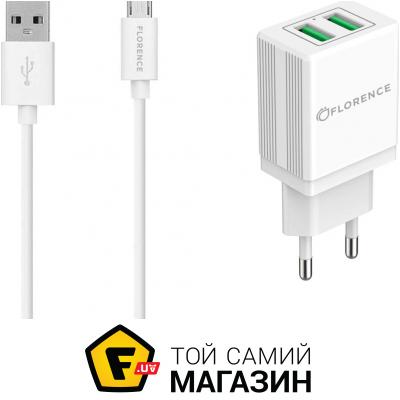 

Зарядка Florence FL-1021-WM 2 USB, 2.1A, micro USB cable, White